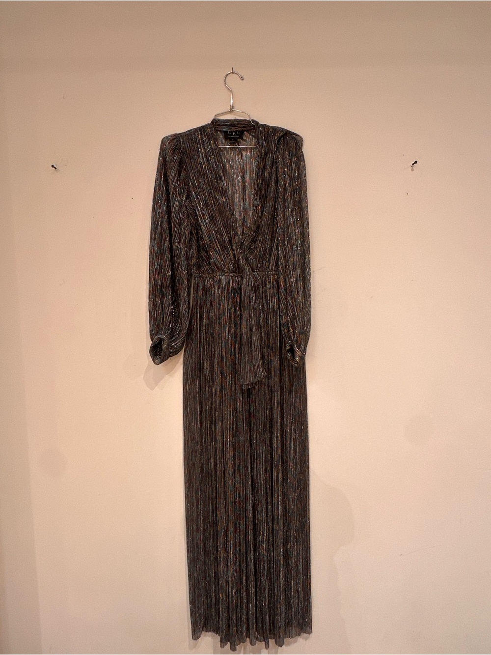 Black Halo Multicolor Metallic Long Sleeve Pleated Maxi Dress